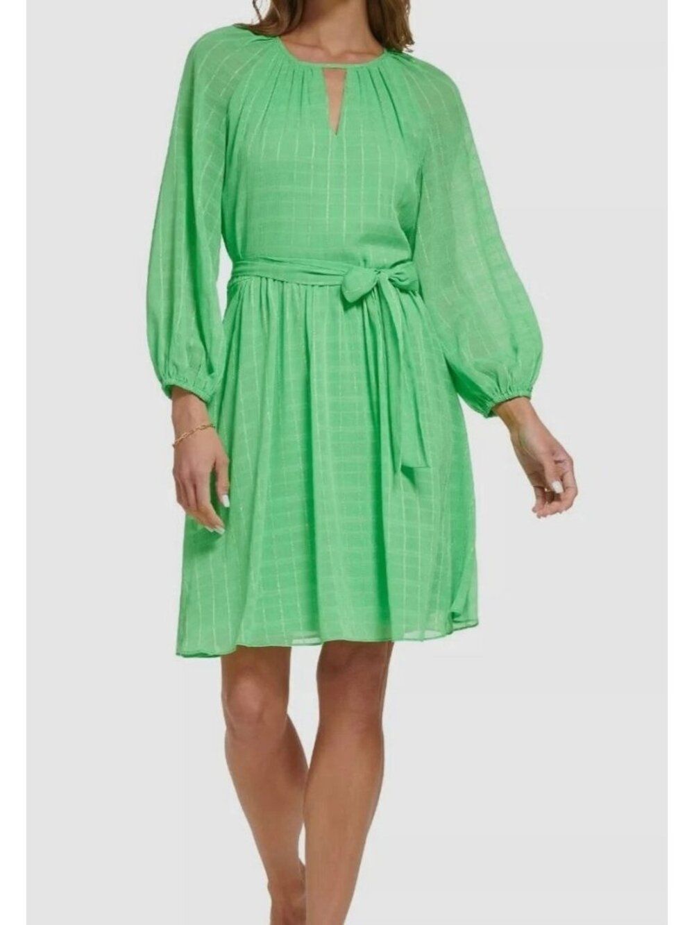 DKNY Women's Green Keyhole Metallic Fit & Flare Dress Size 6